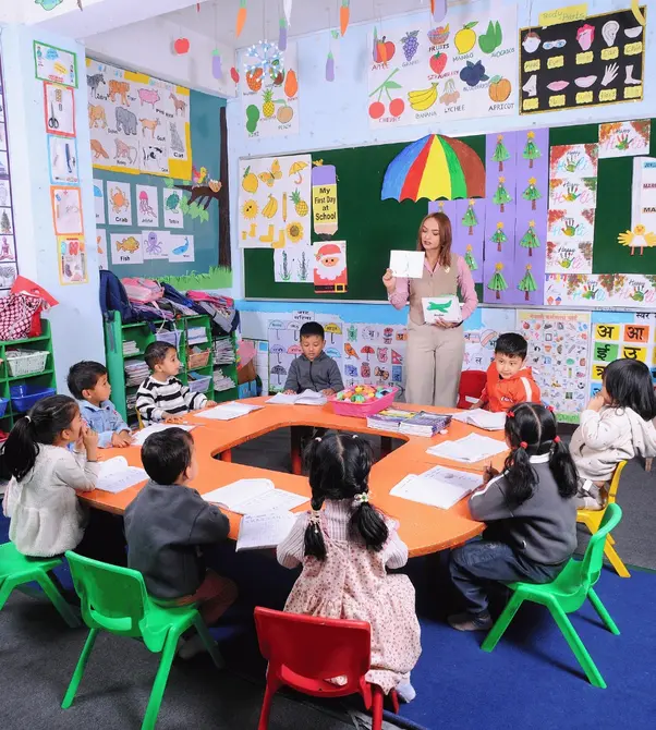 teacher teaching kindergarten kids